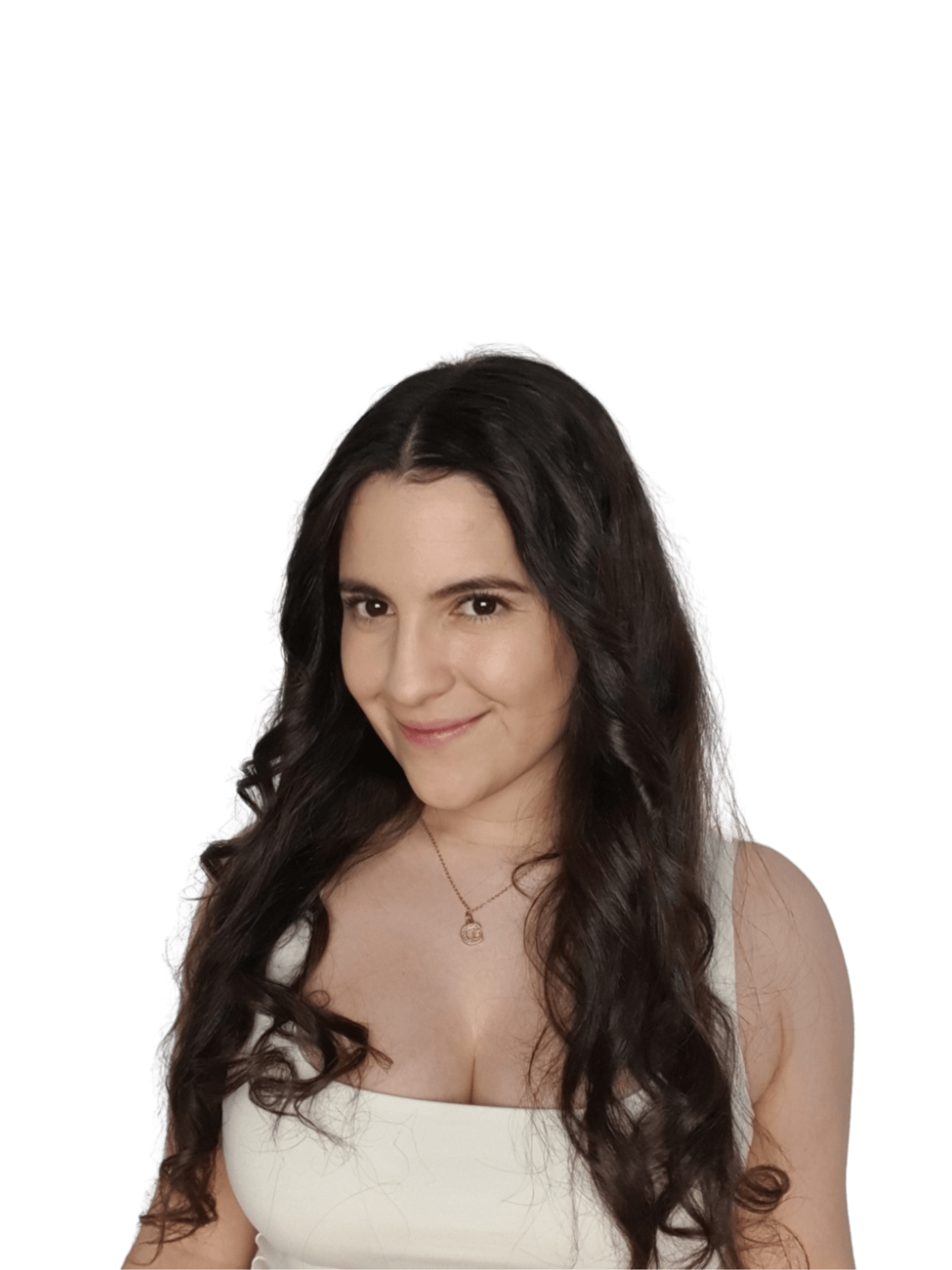 Gabriela is smiling at the camera, she is wearing a white tank top, her hair is loose and waist length. She is alone in the picture in a white background